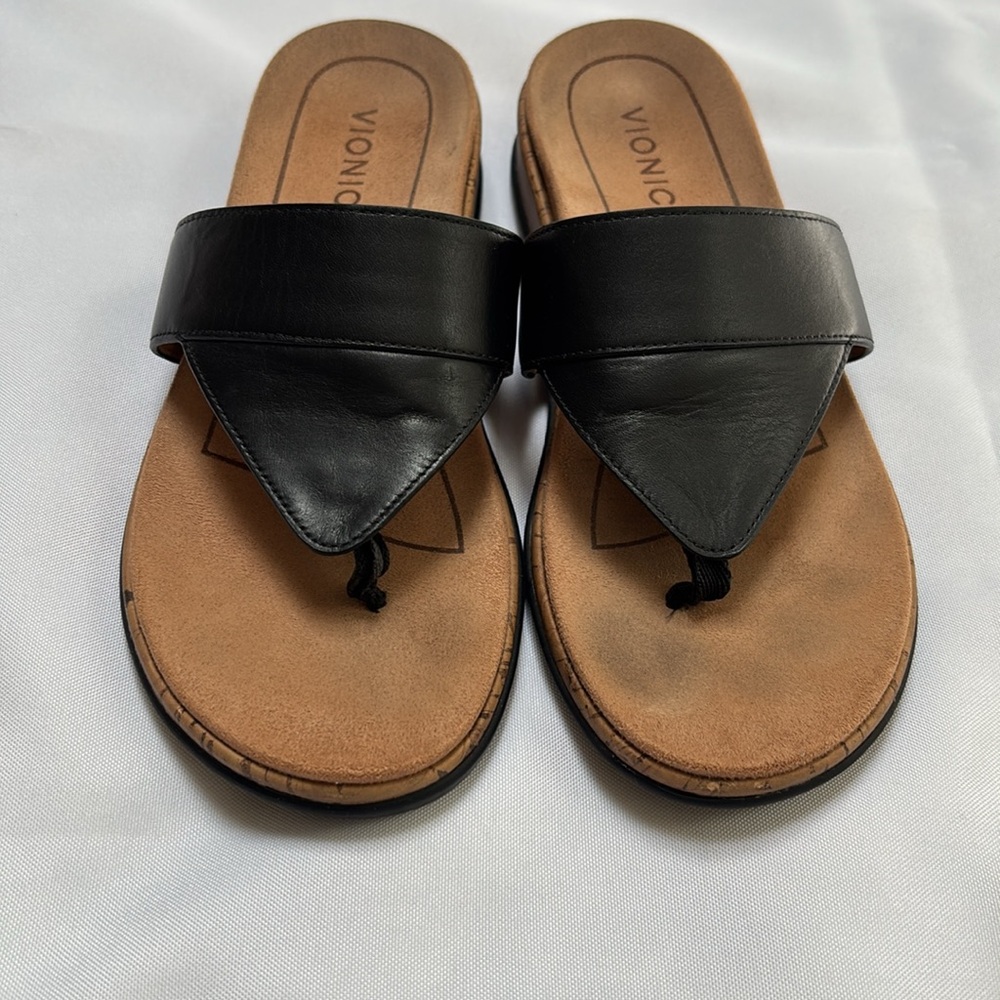 Vionic Women's Jillian Black Leather Toe Post T-strap Slide Sandal Size 7